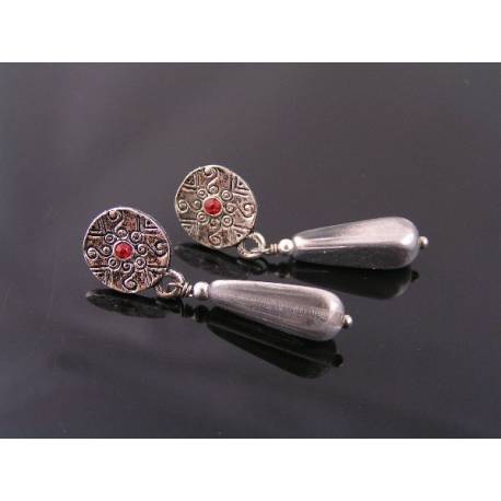 Ornate Silver Stud Earrings with Red Crystals