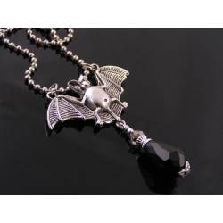 Silver Bat and Black Crystal Necklace, Halloween, Gothic Necklace