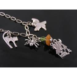 Halloween Charm Necklace, Haunted House, Scaredy Cat, Aventurine Pumpkin