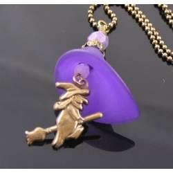 Purple Flower and Witch Charm Necklace, Halloween Necklace