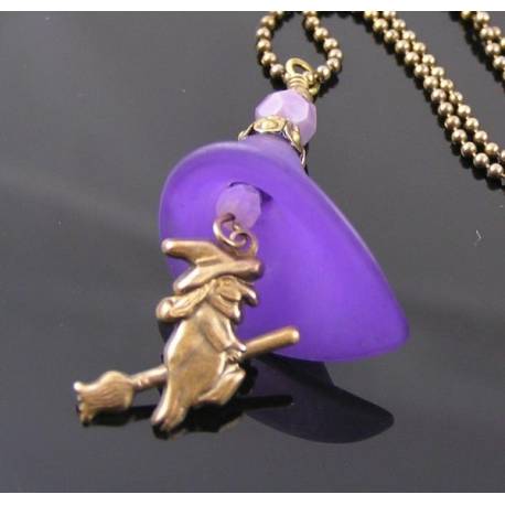 Purple Flower and Witch Charm Necklace, Halloween Necklace