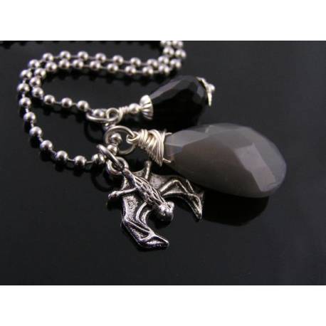 Gothic Grey Jade, Black Onyx and Bat Charm Necklace