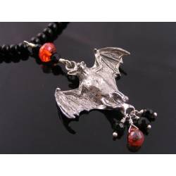 Bat Necklace - Black Onyx and Red Cubic Zirconia, Halloween Necklace