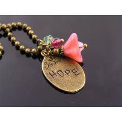 Hope Necklace, Pink and White Flowers and Hand Stamped 'Hope' Charm