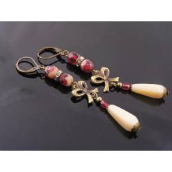 Long Burgundy and Ivory Vintage Style Czech Bead Earrings