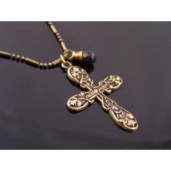 Ornate Cross Necklace with Blue Sapphire Drop, September Birthstone