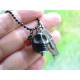 Black Necklace with carved Stone Skull, Silver Coffin Charm and Red Glass Drop