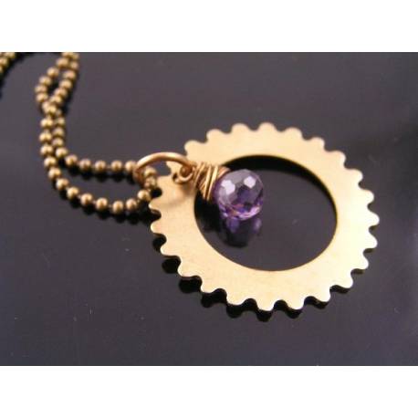 Sprocket Necklace, Steampunk Necklace with Purple Cubic Zirconia