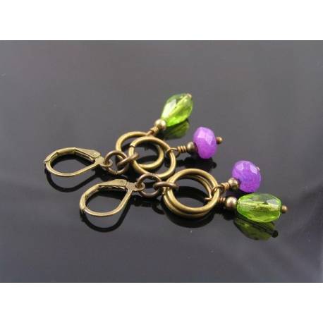 Purple Jade and Bright Green Czech Drop Earrings