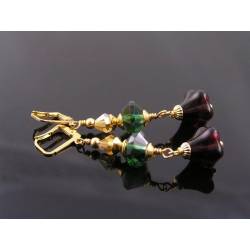 Gold, Green and Red Czech Bead Earrings