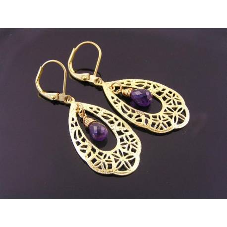 Amethyst and Golden Filigree Chandelier Earrings