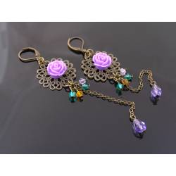 Long and Light Weight Flower Filigree Crystal Earrings