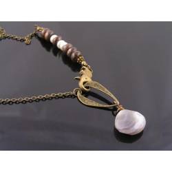 Botswana Agate, Bronzite and Pearl Necklace, Elephant Clasp