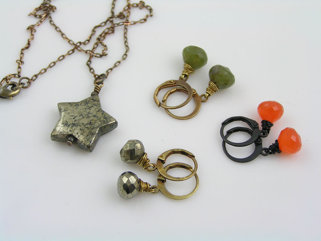 Pyrite Earrings, Carved Pyrite Star Necklace, Vesuvianite Earrings, Carnelian Earrings