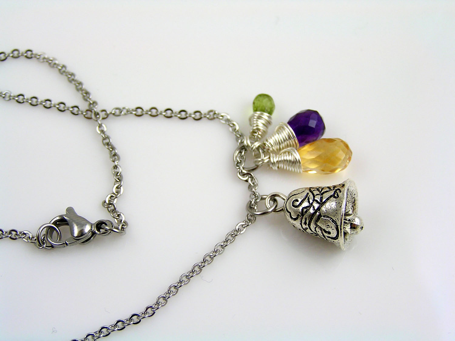 Gemstone Necklace with Gremlin Bell Charm
